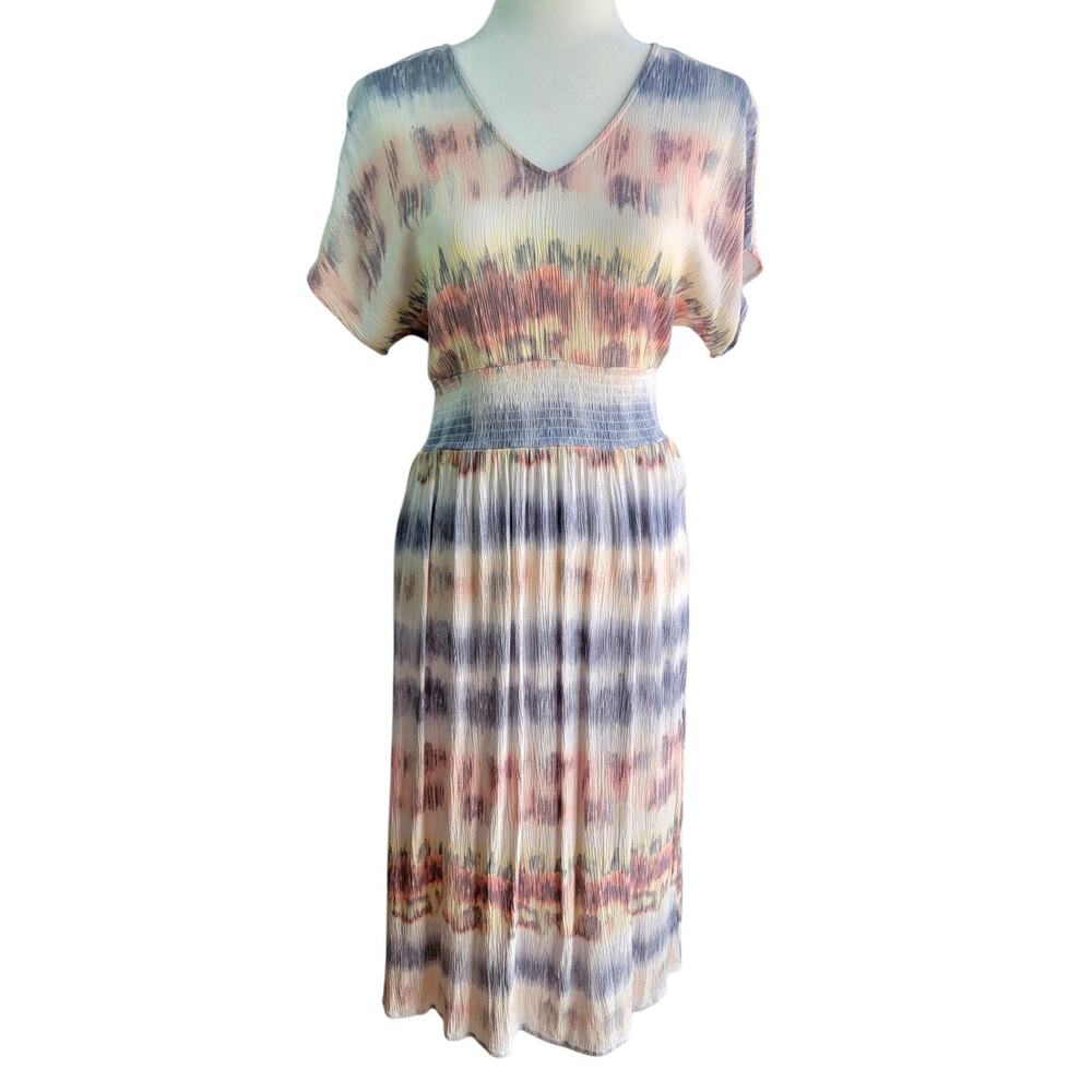Bebop Beachy Tie Dye Smocked Waist Midi V-Neck Lightweight Gauze Dress Size M